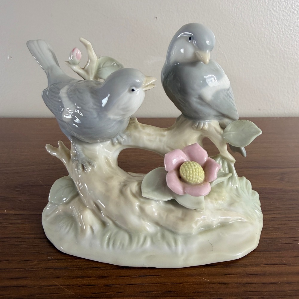 Vintage Porcelain Blue Gray Birds Figurine Pink Flower Branch Cottagecore Decor